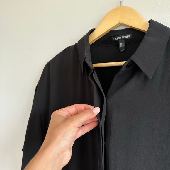 Eileen Fisher Silk Georgette Button Up Shirt Midi Dress Black M - Picture 8 of 9